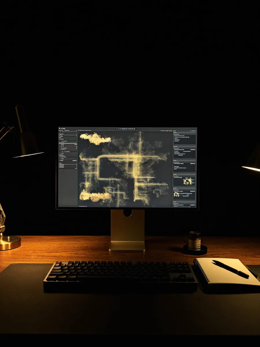 Vantelyx studio workspace at night